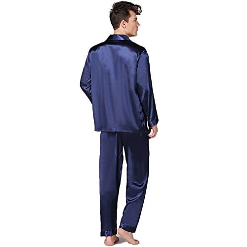 Men's Satin & Silk Sleepwear Pajama Top and Pant Silk Pajama 2 Pieces Pure Color Luxury Home Bed Faux Silk Comfort Long Sleeve Pant Winter Fall Pure blue Blue cord 2025 - $34.99 –P5
