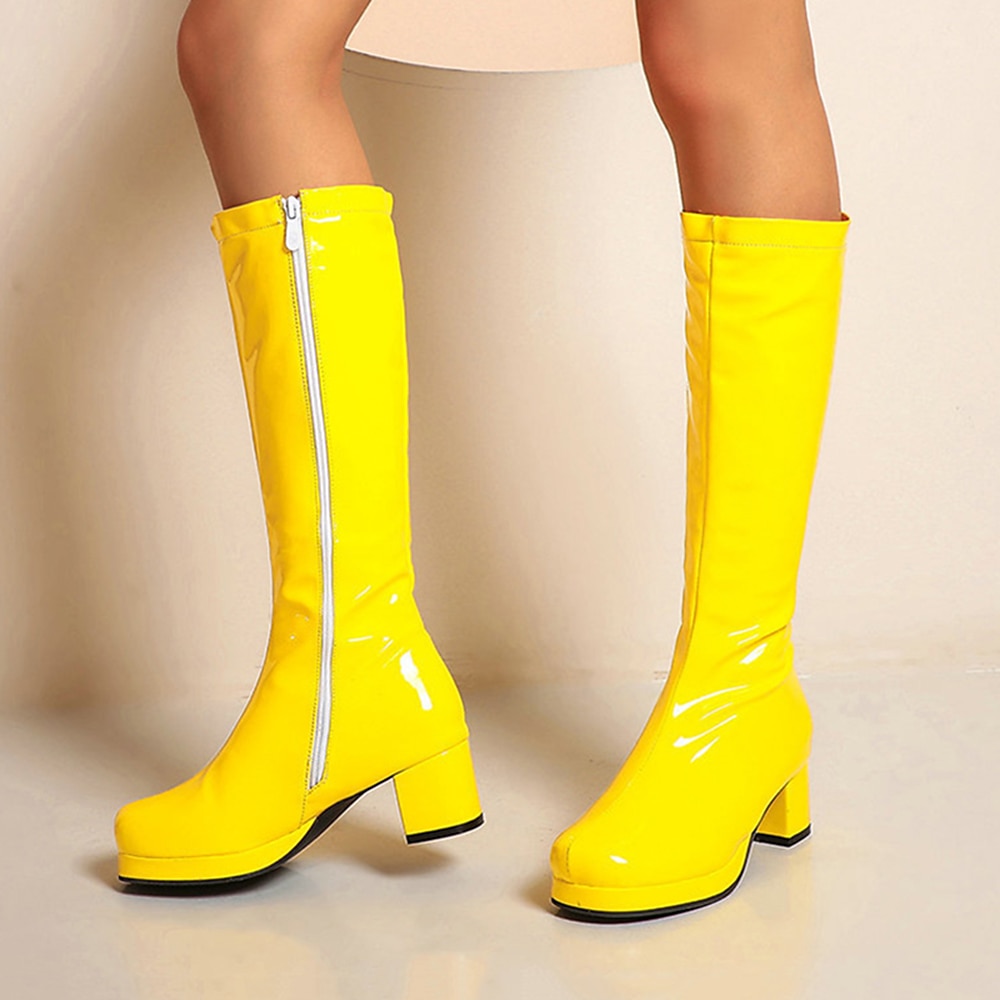 női fehér patentos térdig érő platformcsizma oldalsó cipzárral - vintage 70-es évek disco stílusú, vaskos sarkú csizma cosplayhez, retro divathoz és rendezvényekhez 2025 - $64.99 –P6