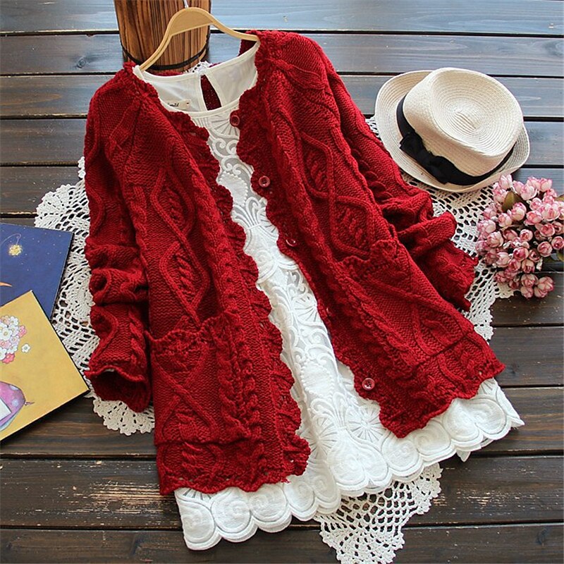 Women's Sweater Cardigan Sweater Open Front Cable Knit Cotton Knitted Front Pocket Fall Winter Long Outdoor Home Daily Stylish Basic Casual Long Sleeve Solid Color Red Beige One-Size 2023 - US $34.99 –P1