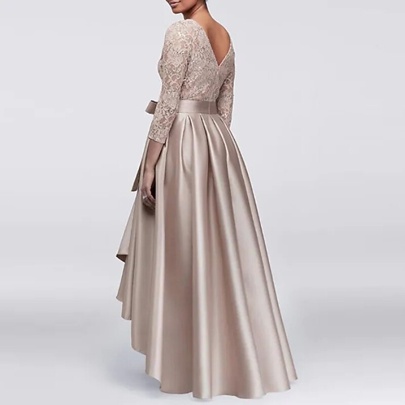 Abito A-Line per Madre della Sposa Ospite di Matrimonio Elegante Taglie Forti Alte Basse Scollo Gioiello Asimmetrico Satin Pizzo Maniche 3/4 con Sash  Nastro Applicazioni 2025 taglia personalizzata del 2025 a $163.99 –P2