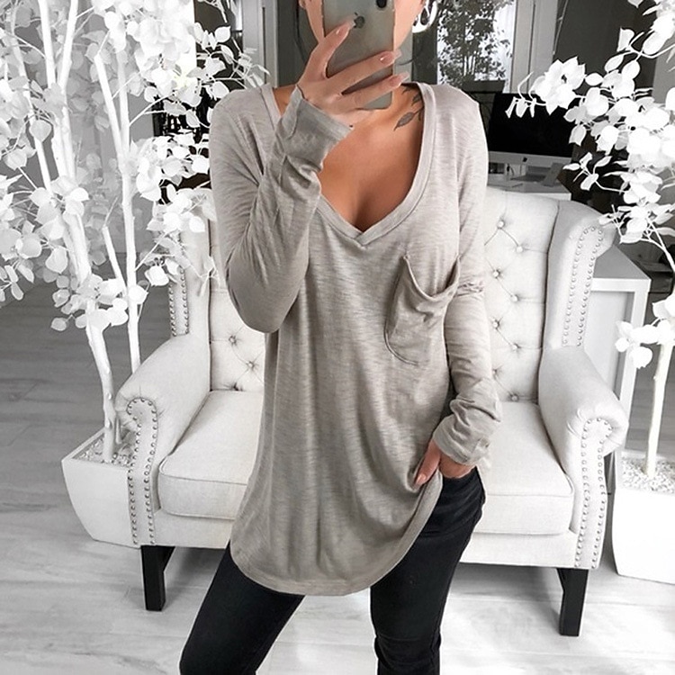 Damen T Shirt Tunika Schwarz Weiß Rosa Einfarbig Tasche Langarm Casual Täglich Basic V Ausschnitt Standard Lockere Passform S 2025 - $19.99 –P10