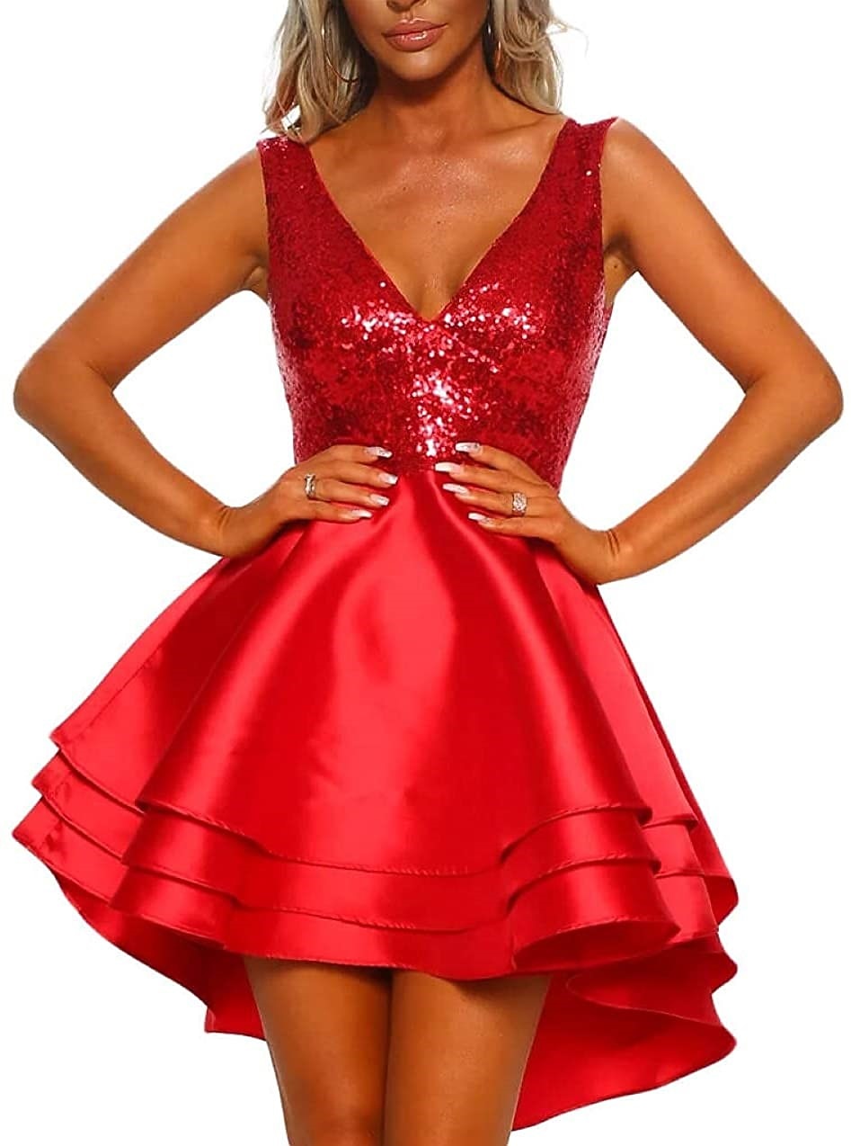 A-Line WE Party Dress Homecoming Dress Cocktail Party Asymmetrical Sleeveless V Neck Pink Dress Satin with Sequin Tiered dress to impress 2025 2026 - $115.99 –P5