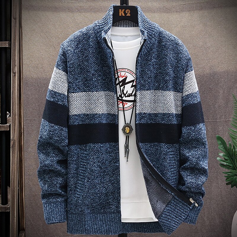 Per uomo Felpa Cardigan Maglione con zip Giacca maglione Maglione in pile Maglia Lavorato a maglia Color Block Colletto alla coreana Moda Esterno Interni Abbigliamento Inverno Autunno Blu Grigio scuro del 2025 a $25.99 –P5