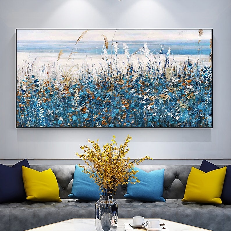 Oil Painting Handmade Hand Painted Wall Art Abstract Plant Floral Blue ...
