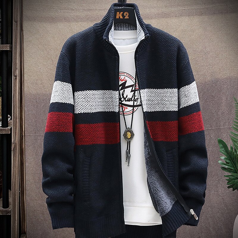 Per uomo Felpa Cardigan Maglione con zip Giacca maglione Maglione in pile Maglia Lavorato a maglia Color Block Colletto alla coreana Moda Esterno Interni Abbigliamento Inverno Autunno Blu Grigio scuro del 2025 a $25.99 –P9