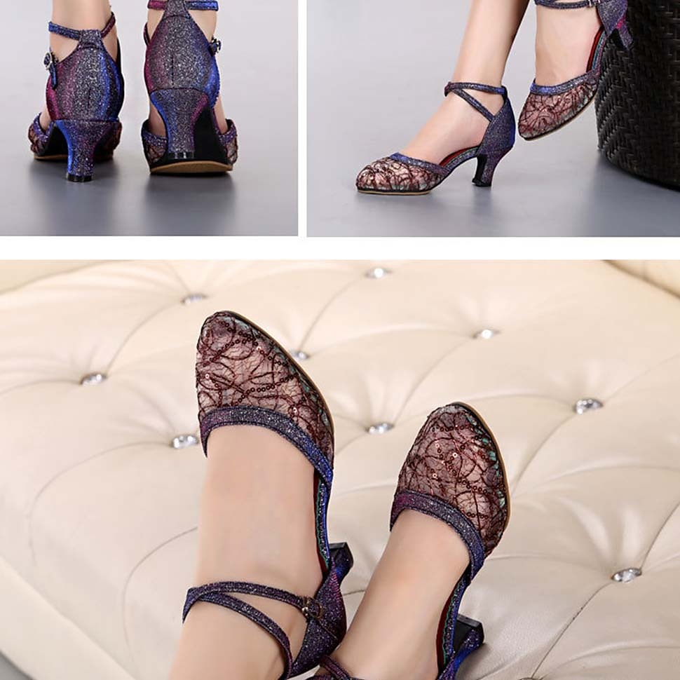 Women's Silver Mesh Lace Dance Shoes – Low Heel Latin Ballroom Heels with Ankle Strap for Weddings and Special Events 2025 - $42.99 –P4