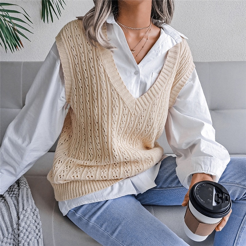Women's Sweater Vest V Neck Cable Knit Acrylic Knitted Fall Winter Outdoor Daily Holiday Stylish Casual Soft Sleeveless Pure Color Pink Beige S M L 2023 - US $21.99 –P11