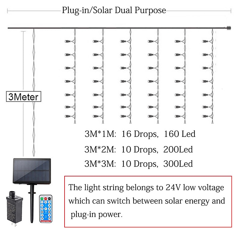 Curtain String Lights 3x1M 3x2M 3Mx3M Curtain Lights 24V Low Voltage Remote Control Solar Power Plug-in Dual Purpose String Light  Thanksgiving Christmas Outdoor Party Garden Decoration Fairy Lights Gypsophila   1 set 2025 - $52.99 –P13