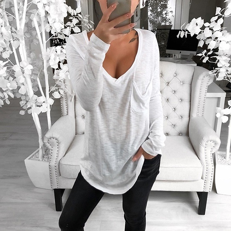 Damen T Shirt Tunika Schwarz Weiß Rosa Einfarbig Tasche Langarm Casual Täglich Basic V Ausschnitt Standard Lockere Passform S 2025 - $19.99 –P7