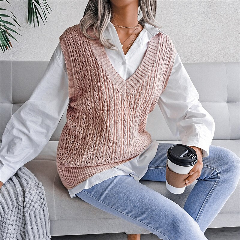 Women's Sweater Vest V Neck Cable Knit Acrylic Knitted Fall Winter Outdoor Daily Holiday Stylish Casual Soft Sleeveless Pure Color Pink Beige S M L 2023 - US $21.99 –P5