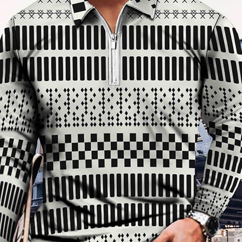 Herren Gestreift Poloshirts mit Reißverschluss Golfshirt Langarm Polo-Shirts Hemden mit Kragen Lässig Urlaubskleidung Formelle Kleidung Festivalkleidung 3D-Druck Viertelreißverschluss-Poloshirt Wei 2025 - $23.99 –P6