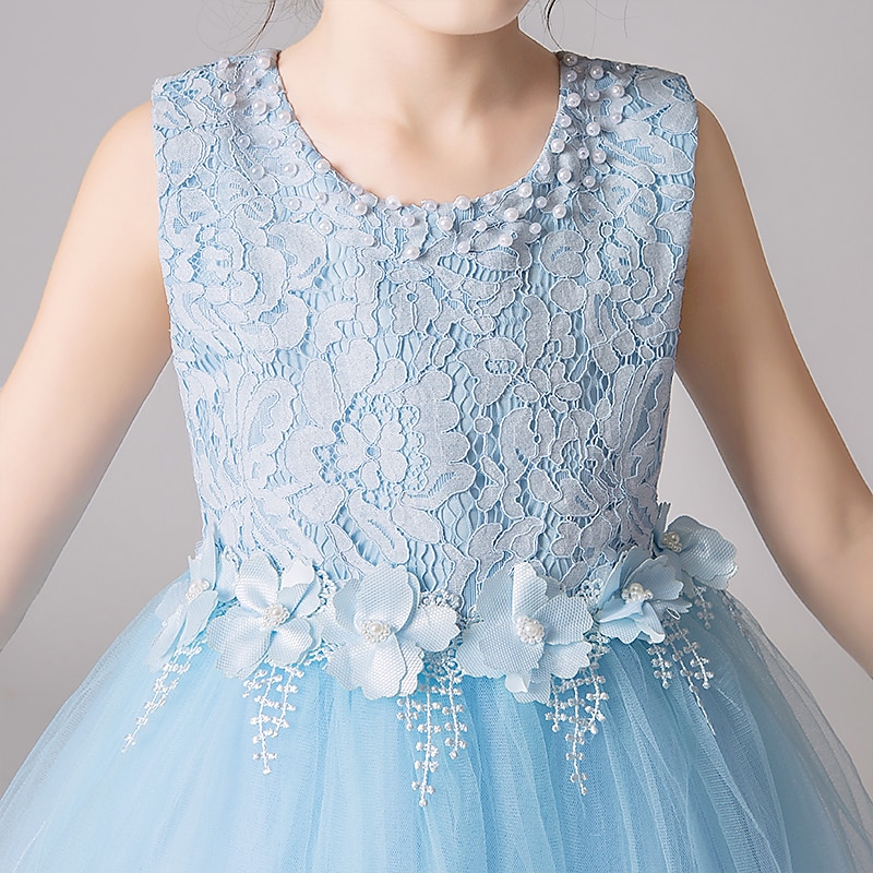 Girls sky blue floral lace party dress.