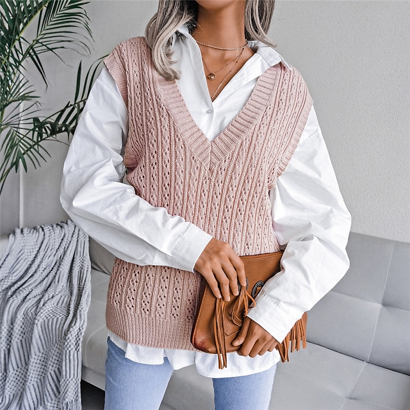 Women's Sweater Vest V Neck Cable Knit Acrylic Knitted Fall Winter Outdoor Daily Holiday Stylish Casual Soft Sleeveless Pure Color Pink Beige S M L 2023 - US $21.99 –P3