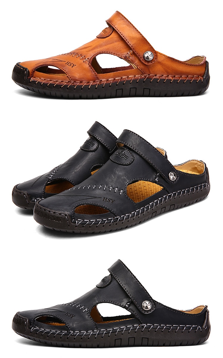 Herr Sandaler Lädersandaler Plusstorlekar Handgjorda skor Komfortskor Promenad Ledigt Strand Läder Andningsfunktion Loafers Spänne Mörkbrun Svart Brun Sommar Vår 2025 - $54.99 –P2