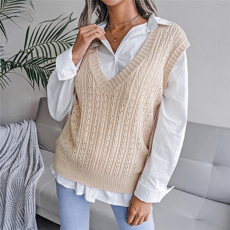 Women's Sweater Vest V Neck Cable Knit Acrylic Knitted Fall Winter Outdoor Daily Holiday Stylish Casual Soft Sleeveless Pure Color Pink Beige S M L 2023 - US $21.99 –P7