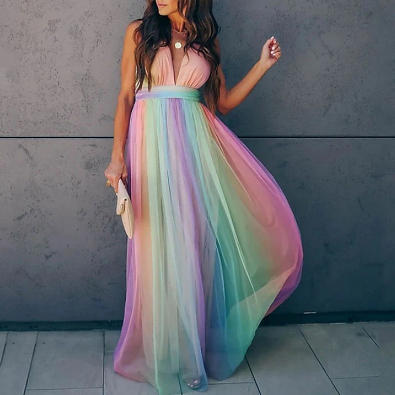Women's Swing Dress Maxi long Dress Rainbow Sleeveless Rainbow 