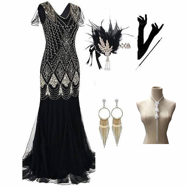 Années Folles Années 1920 Longueur cheville Robe Robes de Soirée Tenues Manches courtes Gatsby le Magnifique Grande Taille Invité au mariage Frange à pompons Franges Col en V Déguisement Femmes Noël de 2026 ? $82.99 –P3