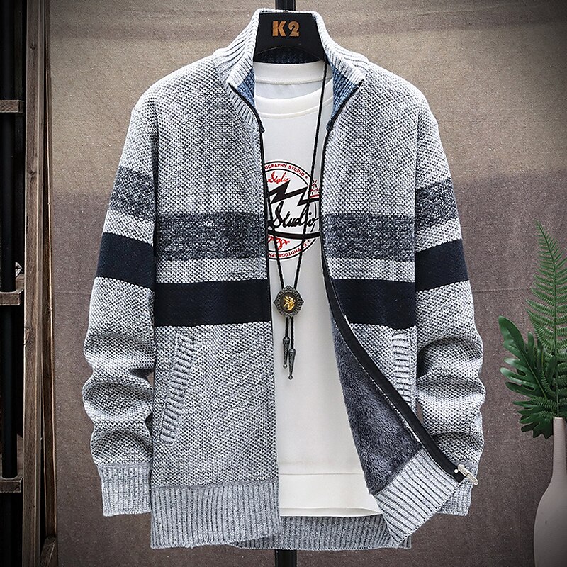 Per uomo Felpa Cardigan Maglione con zip Giacca maglione Maglione in pile Maglia Lavorato a maglia Color Block Colletto alla coreana Moda Esterno Interni Abbigliamento Inverno Autunno Blu Grigio scuro del 2025 a $25.99 –P1