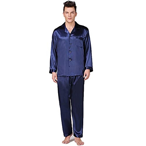 Men's Satin & Silk Sleepwear Pajama Top and Pant Silk Pajama 2 Pieces Pure Color Luxury Home Bed Faux Silk Comfort Long Sleeve Pant Winter Fall Pure blue Blue cord 2025 - $34.99 –P4