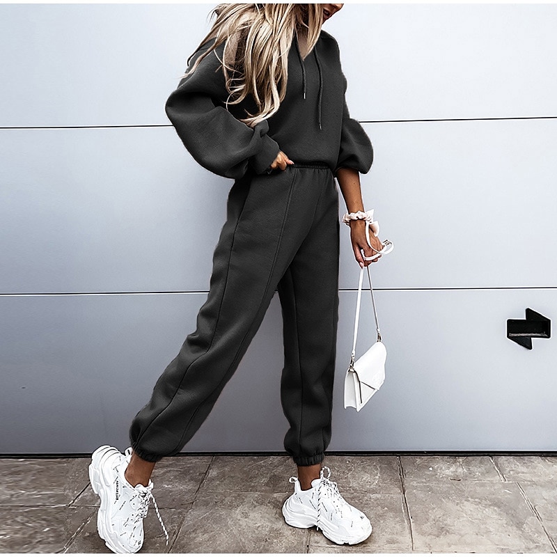 Women's Active Streetwear Tracksuit Pants Sets Sweatshirt Long Sleeve Hooded Solid Color Sports Outdoor Casual Black White Green Fall & Winter Regular Fit 2025 - $28.99 –P5