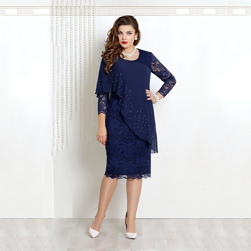 Femme Robe mi-longue robe soirée Robe de travail Robe Fourreau Robe d'église Mature Robe chic Bureau Rendez-vous Fête du thé Standard Couleur monochrome Manches 3/4 Col Ras du Cou bleu marine Bleu de 2025 ? $40.99 -P5