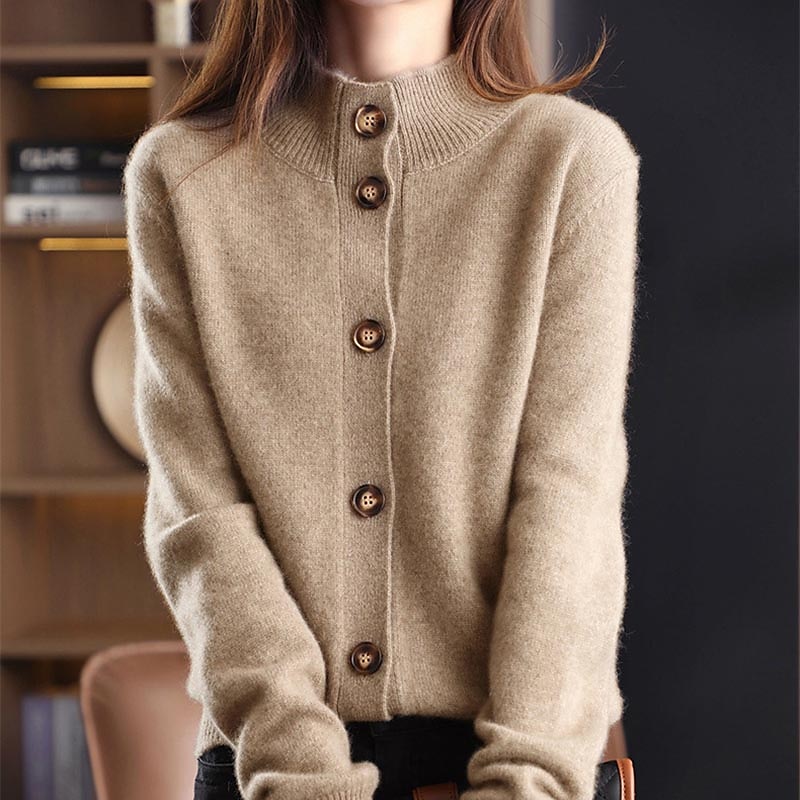 Women's Cardigan Sweater Stand Collar Knit Acrylic Button Knitted Fall Winter Outdoor Home Daily Stylish Basic Casual Long Sleeve Pure Color Navy Blue Camel Brown One-Size S M 2023 - US $35.99 –P6