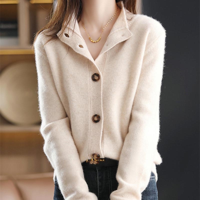 Women's Cardigan Sweater Stand Collar Knit Acrylic Button Knitted Fall Winter Outdoor Home Daily Stylish Basic Casual Long Sleeve Pure Color Navy Blue Camel Brown One-Size S M 2023 - US $35.99 –P7