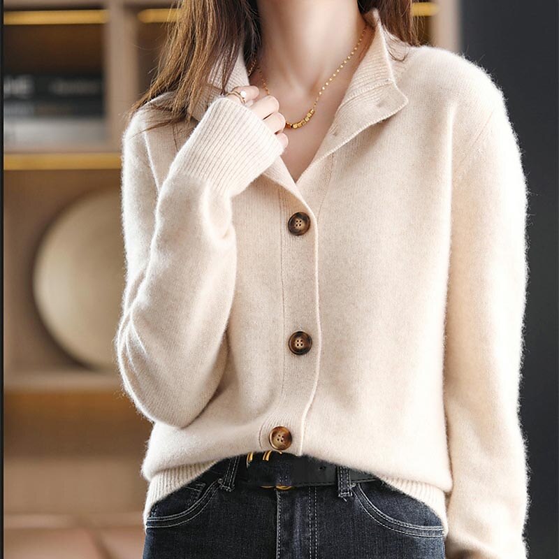 Women's Cardigan Sweater Stand Collar Knit Acrylic Button Knitted Fall Winter Outdoor Home Daily Stylish Basic Casual Long Sleeve Pure Color Navy Blue Camel Brown One-Size S M 2023 - US $35.99 –P9