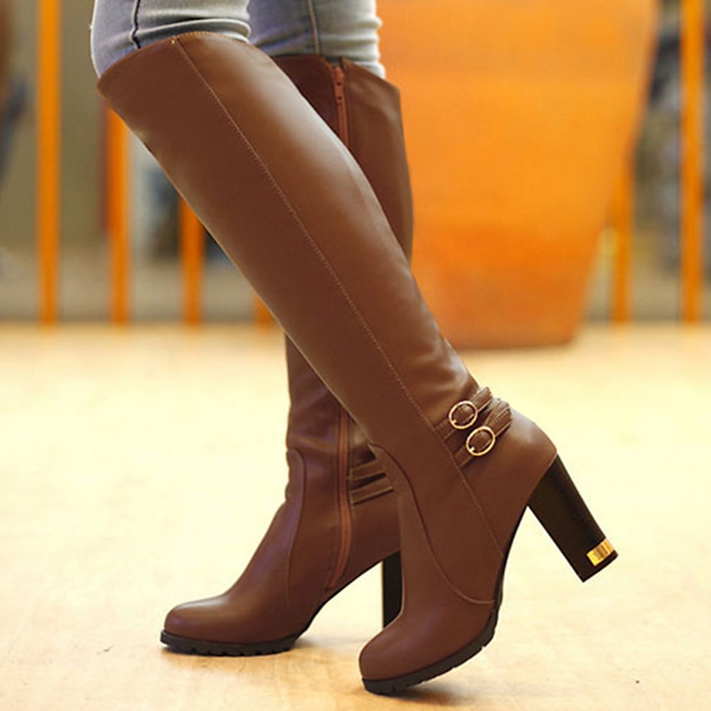 damskie buty na obcasie do kolan z klamrą i ciepłą, pluszową podszewką - stylowe obuwie zimowe do noszenia na co dzień i na formalne okazje 2025 - $69.99 –P3