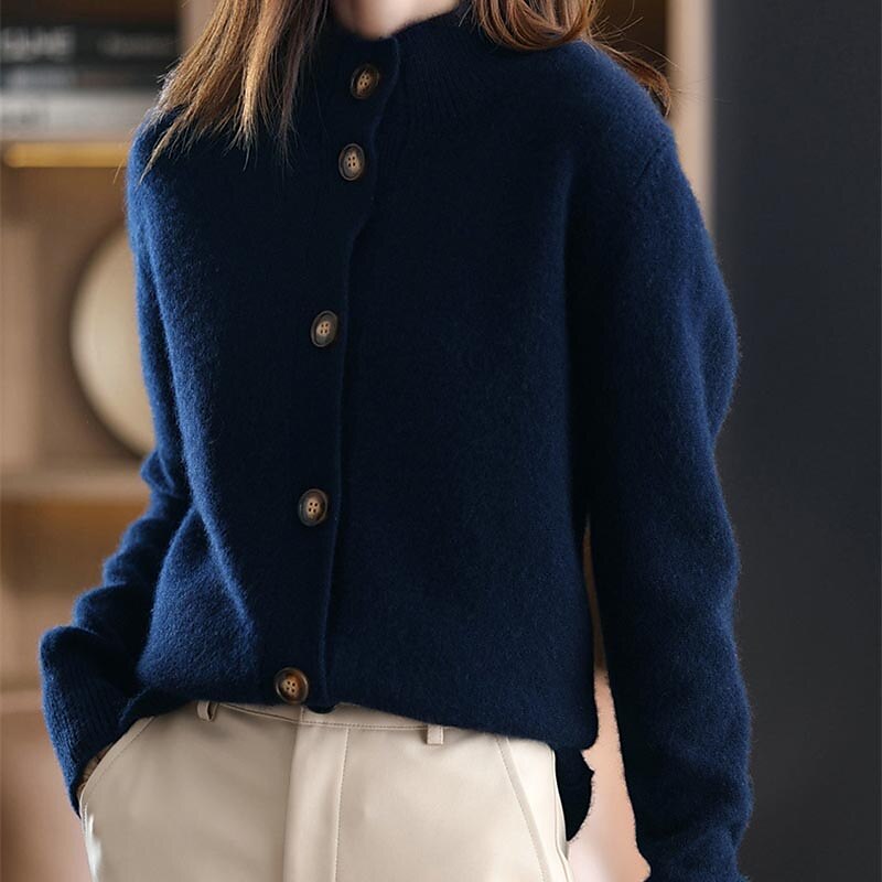 Women's Cardigan Sweater Stand Collar Knit Acrylic Button Knitted Fall Winter Outdoor Home Daily Stylish Basic Casual Long Sleeve Pure Color Navy Blue Camel Brown One-Size S M 2023 - US $35.99 –P13