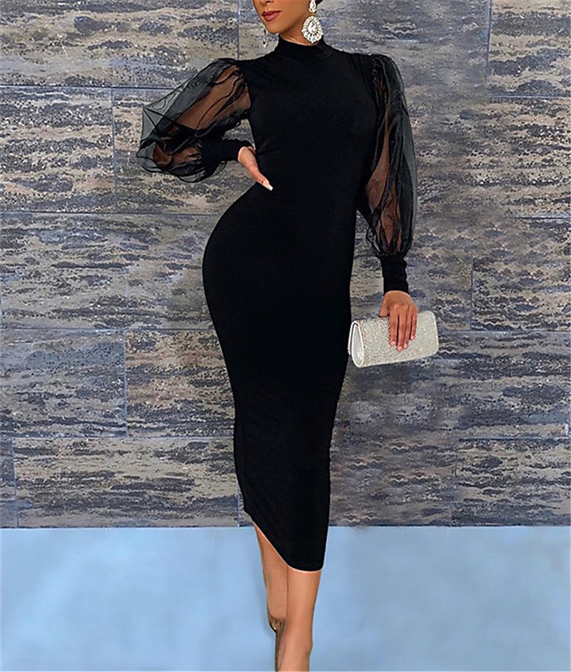 Sheath Cocktail Dresses Black Dress Dress Wedding Guest Engagement Tea Length Long Sleeve High Neck Stretch Fabric with Pure Color Splicing Derby Dresses 2025 free custom size 2025 - $131.99 –P2