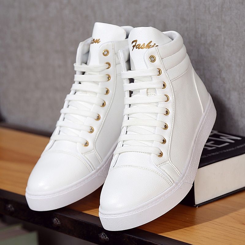 Men's White High-Top Sneakers - Stylish Leather Lace-Up Casual Shoes with Gold Eyelets for Everyday Wear 2025 - $46.99 –P1