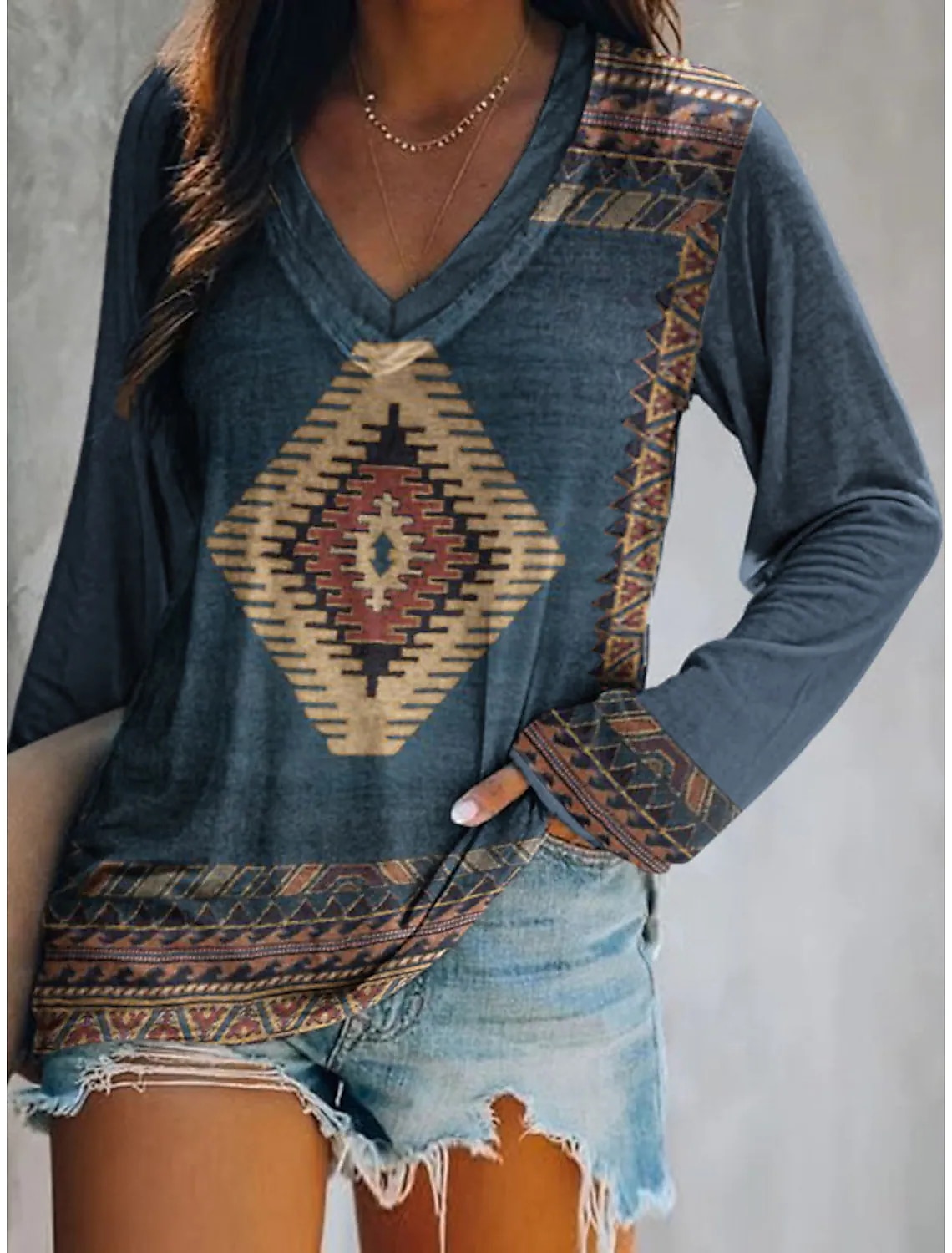 Dame Pluss Størrelse T-skjorte V-hals Langermet Tunika Grafisk Geometrisk Vintage Basis Etnisk Lange Topp Daglig Helge Print Blå Khaki Høst  Vinter 2025 - $22.99 –P1