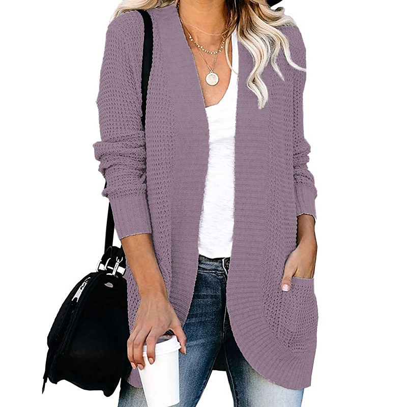 Lolmot Cardigan For Women Solid Color Knit Ribbed Neckline Cardigans  Lightweight Open Front Long Sleeve Blouses Loose Casual Outerwear With  Pocket