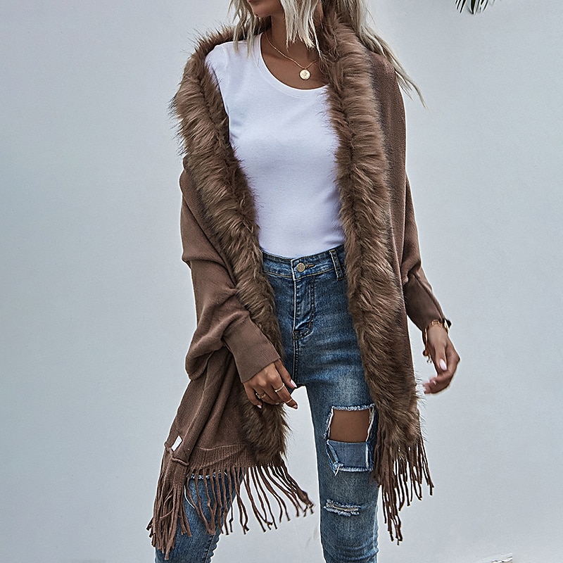 Mujer Abrigo Capa / Capas Calle Diario San Valentín Invierno Otoño Regular Abrigo Escote en Pico Ajuste regular Mantiene abrigado Transpirable Chaquetas Manga Larga Color sólido Borlas Negro Rosa 2025 - $39.99 –P5