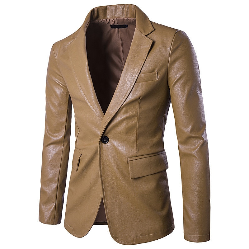 Men's Jacket Faux Leather Jacket Blazer Wedding Business Thermal Warm Rain Waterproof Pocket Fall Solid Color Business Elegant Turndown Regular Faux Leather Regular Fit Black White Red Khaki Jacket 2025 - $66.99 –P6