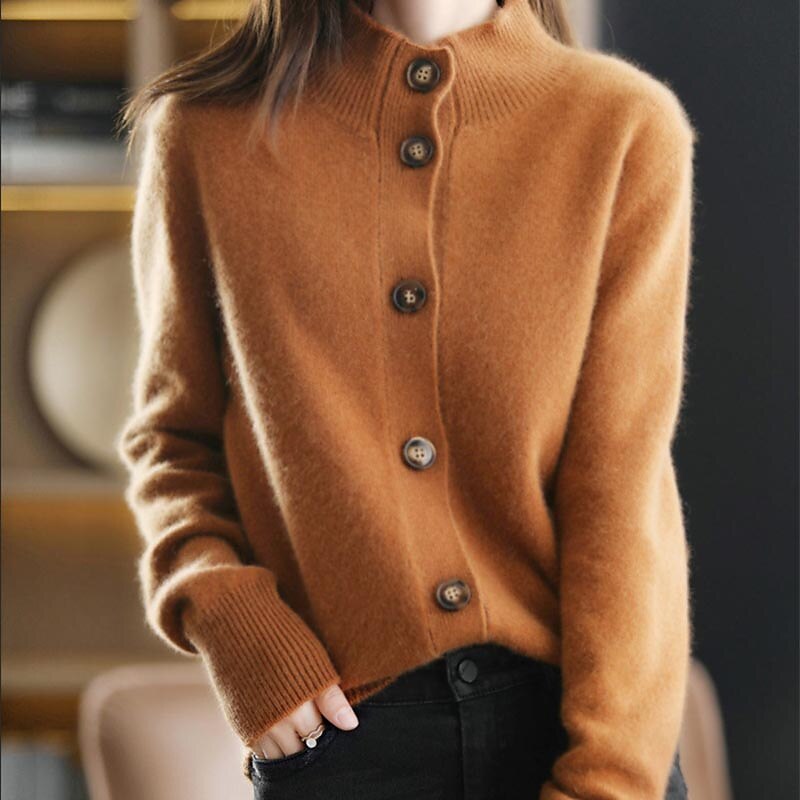 Women's Cardigan Sweater Stand Collar Knit Acrylic Button Knitted Fall Winter Outdoor Home Daily Stylish Basic Casual Long Sleeve Pure Color Navy Blue Camel Brown One-Size S M 2023 - US $35.99 –P3