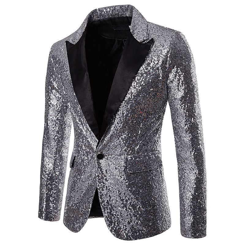 Herr Kavaj Prestanda Cocktailfest Punkmode Vår Höst Paljett Ensfärgat Ficka Skinande Enkelknäppt med Ett Knapphål Blazer Silver Svart Rubinrött Blå 2025 - $58.99 –P10