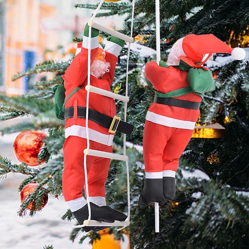 Christmas Santa Claus Climbing On Rope Ladder Figure Xmas Trees Outdoor Decor 