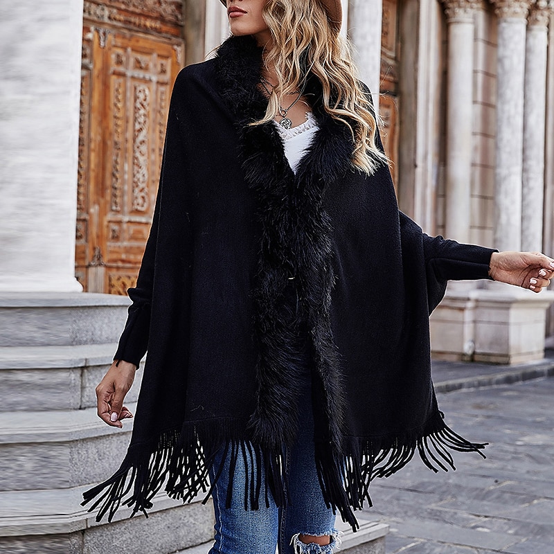 Mujer Abrigo Capa / Capas Calle Diario San Valentín Invierno Otoño Regular Abrigo Escote en Pico Ajuste regular Mantiene abrigado Transpirable Chaquetas Manga Larga Color sólido Borlas Negro Rosa 2025 - $39.99 –P3