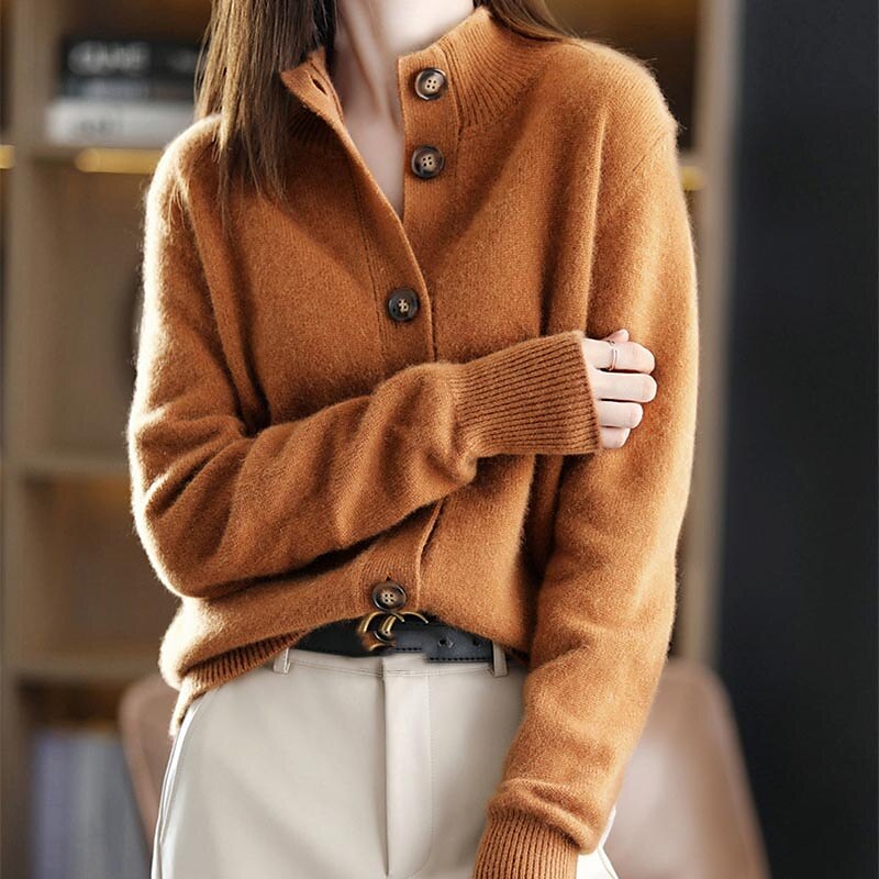 Women's Cardigan Sweater Stand Collar Knit Acrylic Button Knitted Fall Winter Outdoor Home Daily Stylish Basic Casual Long Sleeve Pure Color Navy Blue Camel Brown One-Size S M 2023 - US $35.99 –P2