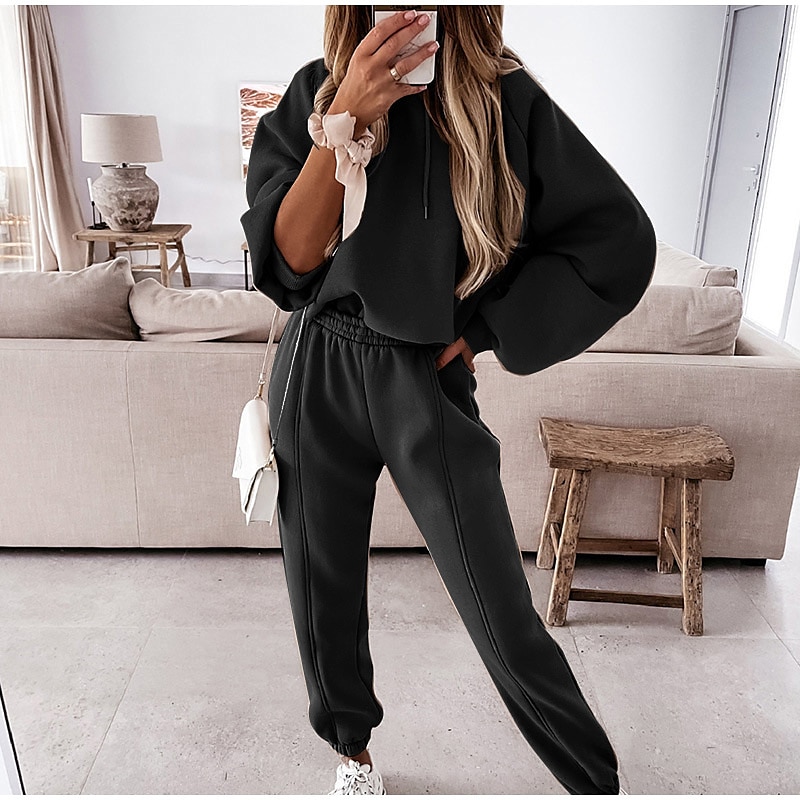 Women's Active Streetwear Tracksuit Pants Sets Sweatshirt Long Sleeve Hooded Solid Color Sports Outdoor Casual Black White Green Fall & Winter Regular Fit 2025 - $28.99 –P4