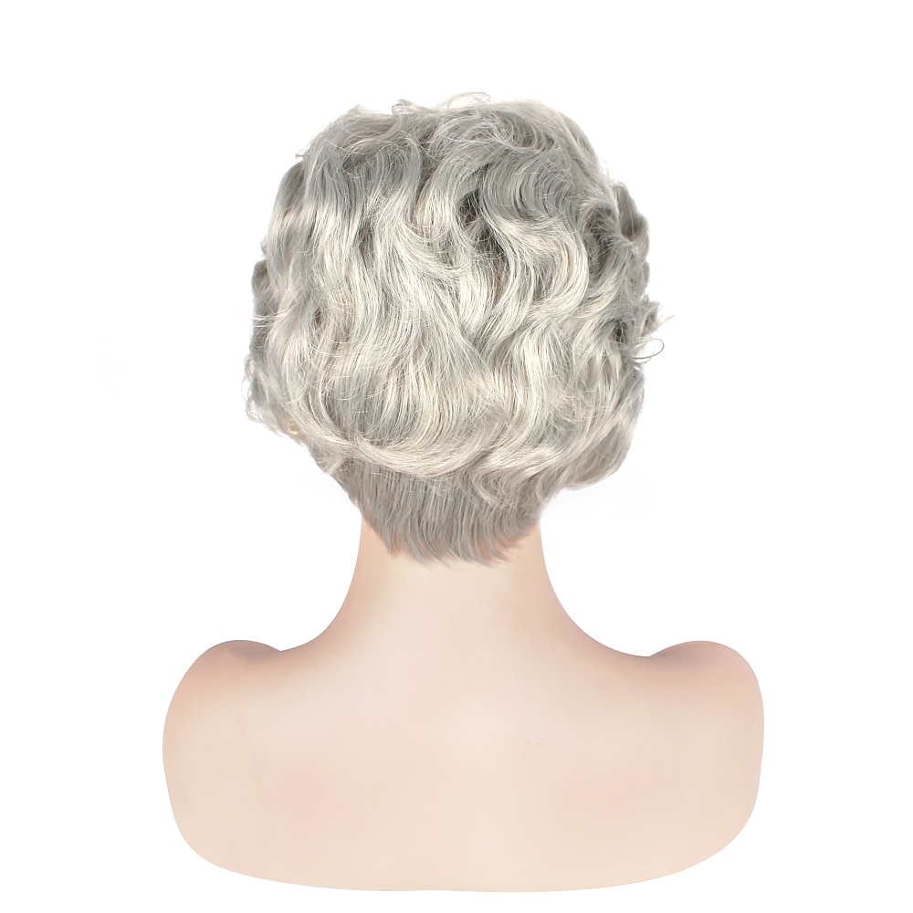 grijze pruiken voor vrouwen synthetische pruik krullend krullend pixie knippen met pony pruik kort zilver synthetisch haar grijs 2025 - $15.49 –P4