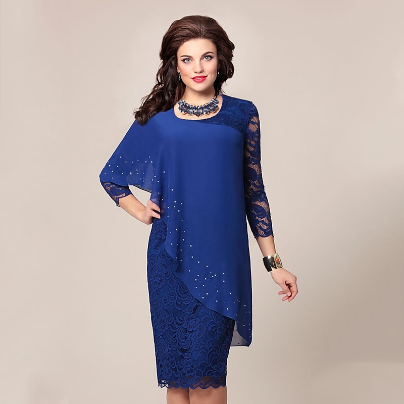 Femme Robe mi-longue robe soirée Robe de travail Robe Fourreau Robe d'église Mature Robe chic Bureau Rendez-vous Fête du thé Standard Couleur monochrome Manches 3/4 Col Ras du Cou bleu marine Bleu de 2025 ? $40.99 -P2