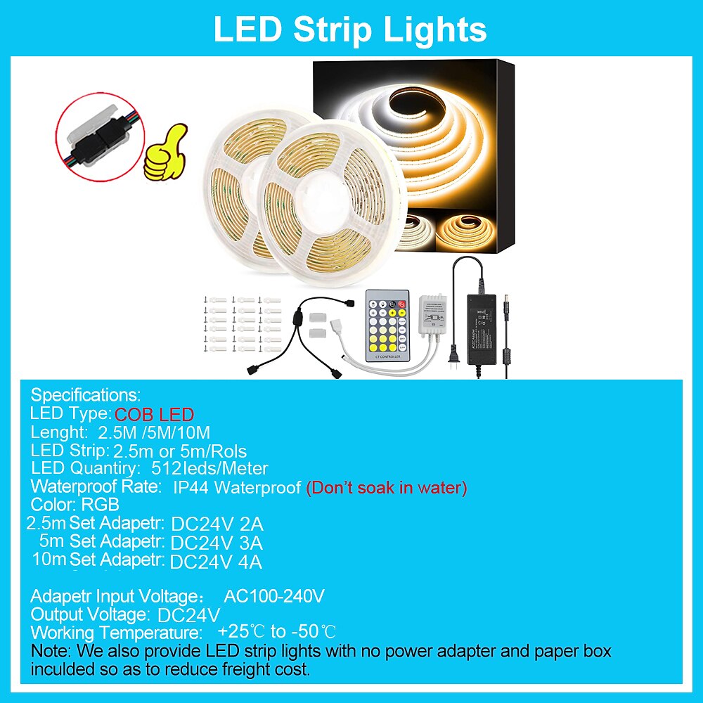16.4ft Cob Flexbile Neon LED Strip Light Waterproof IR24 Key Controller with 24V Adapter Warm Cold White for Cabinet Bedroom Kitchen TV Mirror 2025 - $44.99 –P1