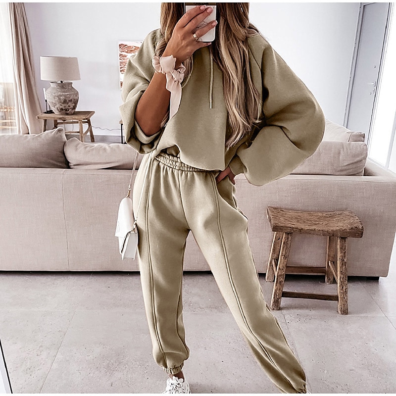 Women's Active Streetwear Tracksuit Pants Sets Sweatshirt Long Sleeve Hooded Solid Color Sports Outdoor Casual Black White Green Fall & Winter Regular Fit 2025 - $28.99 –P19