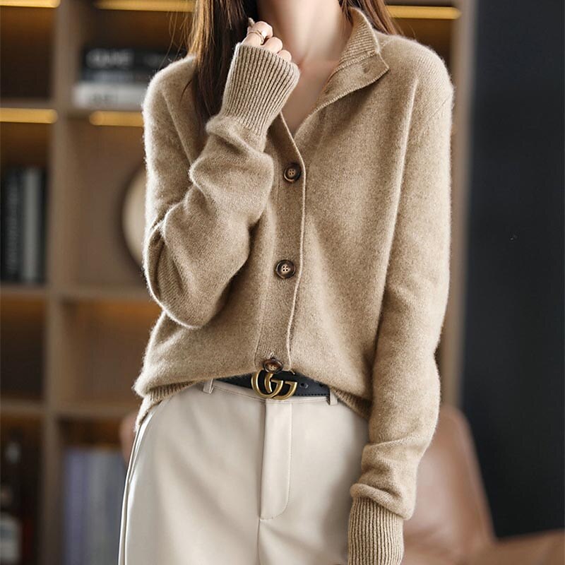Women's Cardigan Sweater Stand Collar Knit Acrylic Button Knitted Fall Winter Outdoor Home Daily Stylish Basic Casual Long Sleeve Pure Color Navy Blue Camel Brown One-Size S M 2023 - US $35.99 –P5