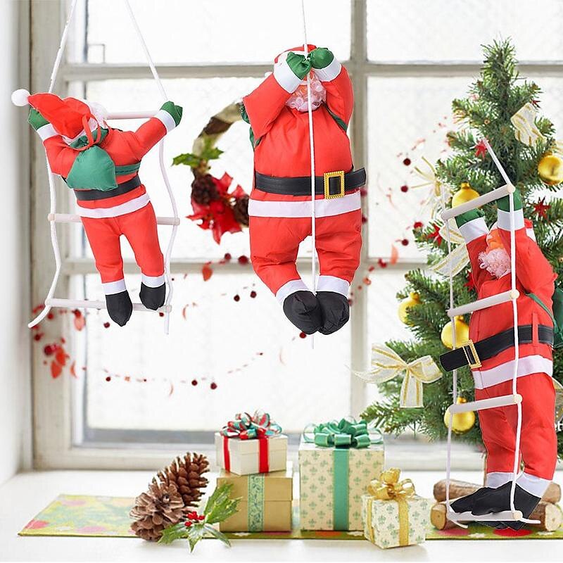 Christmas Santa Claus Climbing On Rope Ladder Figure Xmas Trees Outdoor Decor 