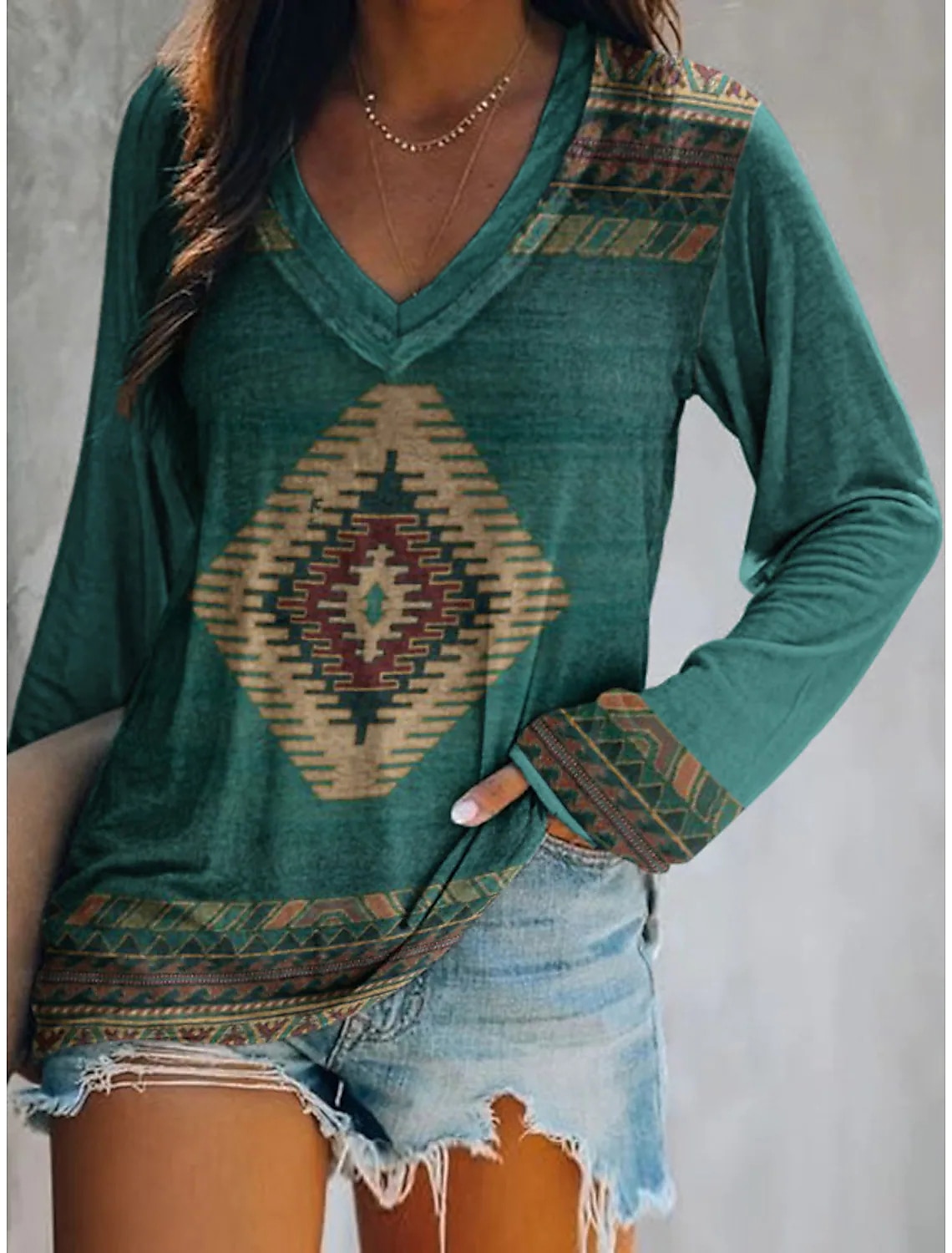 Dame Pluss Størrelse T-skjorte V-hals Langermet Tunika Grafisk Geometrisk Vintage Basis Etnisk Lange Topp Daglig Helge Print Blå Khaki Høst  Vinter 2025 - $22.99 –P3