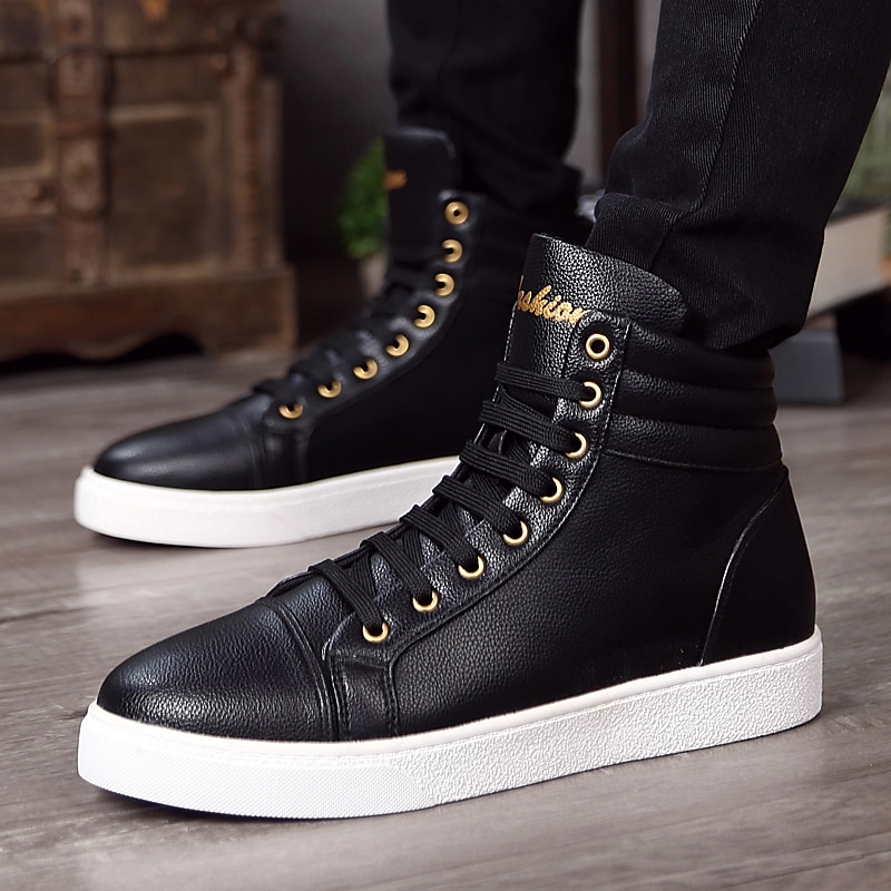 Men's White High-Top Sneakers - Stylish Leather Lace-Up Casual Shoes with Gold Eyelets for Everyday Wear 2025 - $46.99 –P2